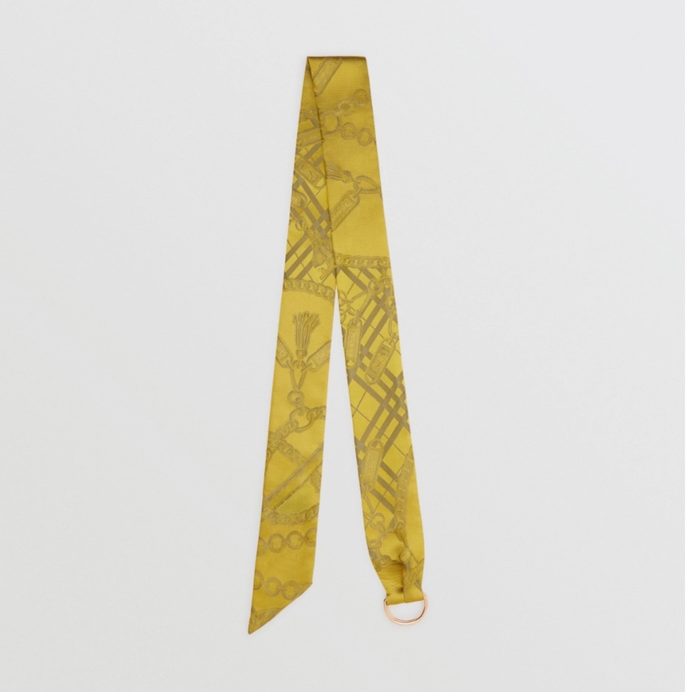 NIB Burberry D-Ring Detail Chain Silk Jacquard Skinny Scarf - citrine